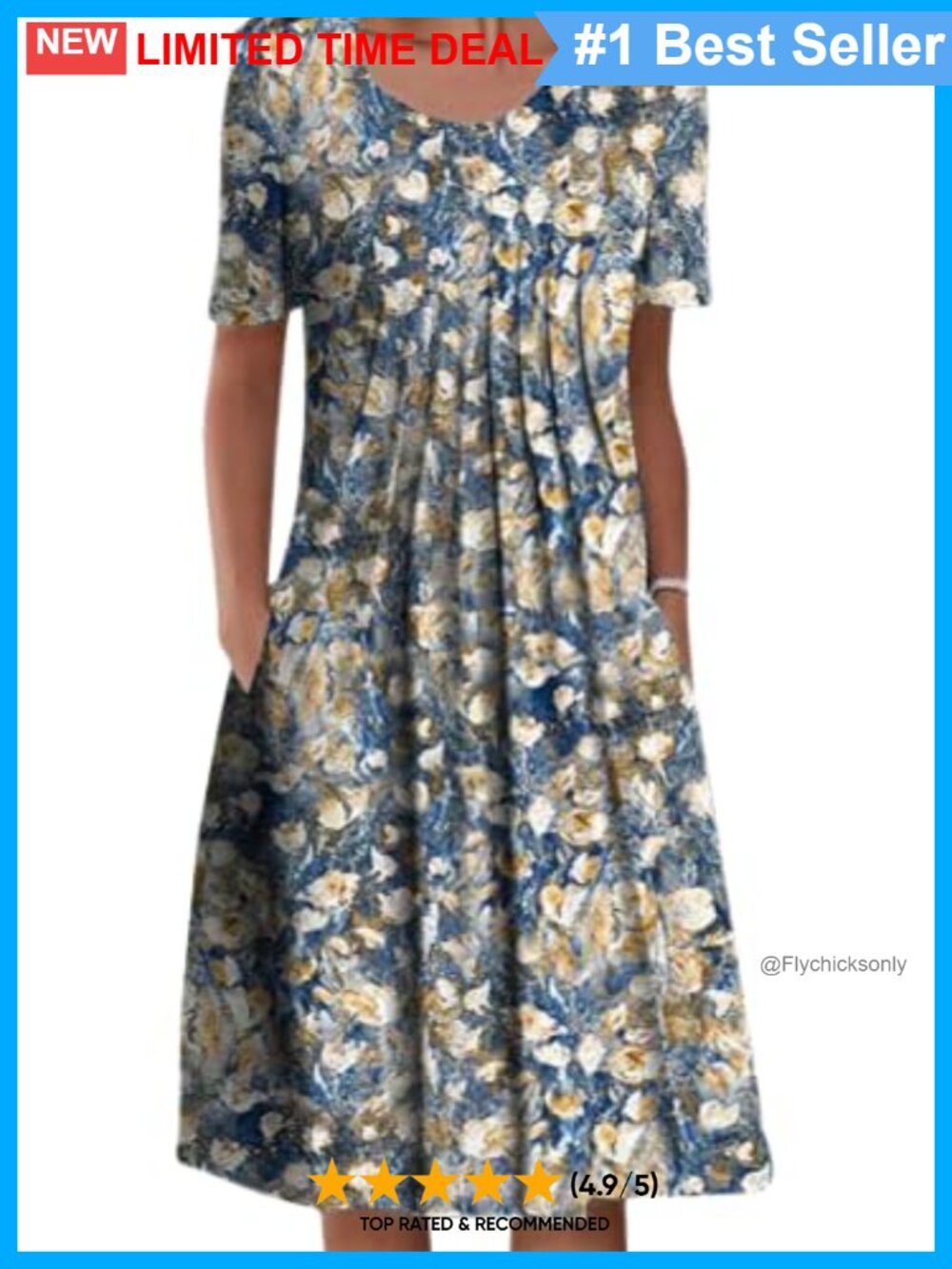 Women Boho Floral Short Sleeve Midi Dress Loose A-Line Sundress Pockets